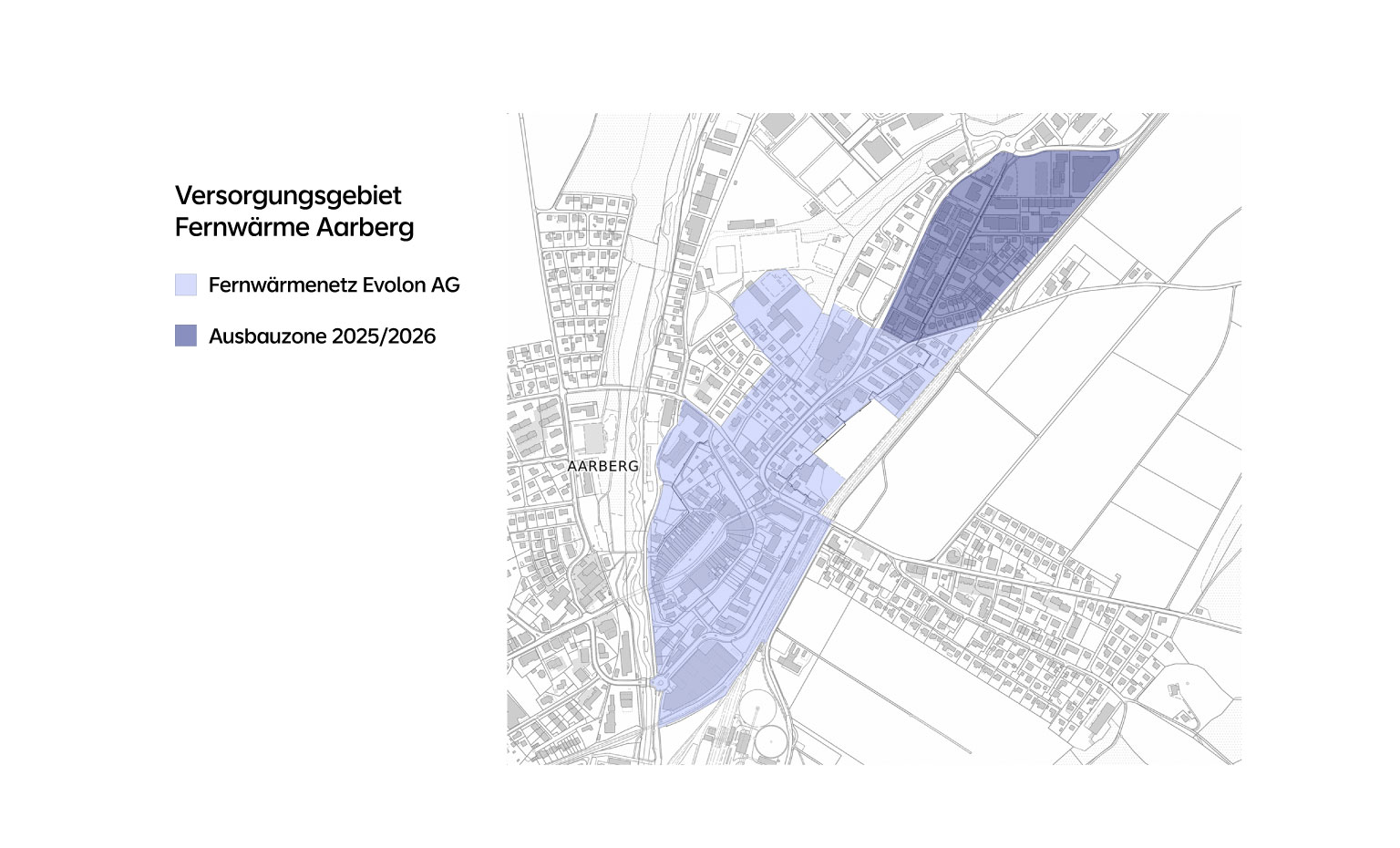 Karte des Fernwärmenetzes der Evolon AG in Aarberg.