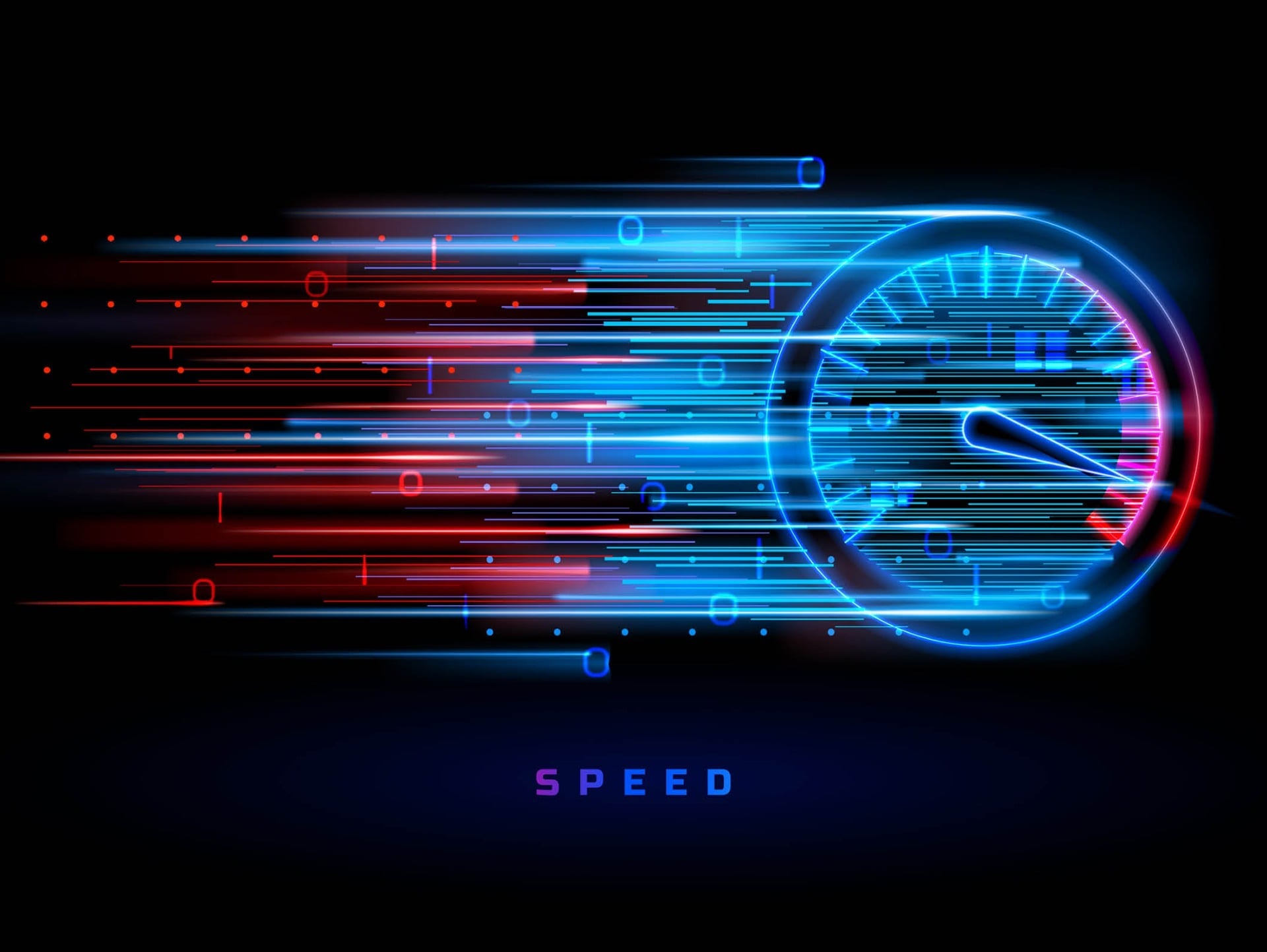 Neon-Tachometer mit blauen und roten Lichtspuren, Symbol für schnelle digitale Datenübertragung und Geschwindigkeit.