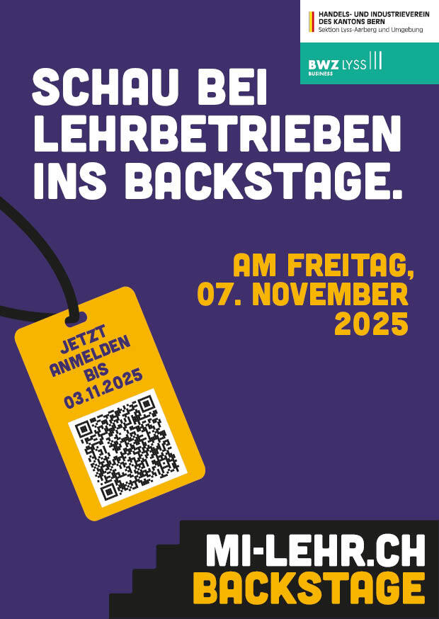 zur Veranstaltung „Mi-lehr.ch Backstage“ mit Anmeldedatum und QR-Code.