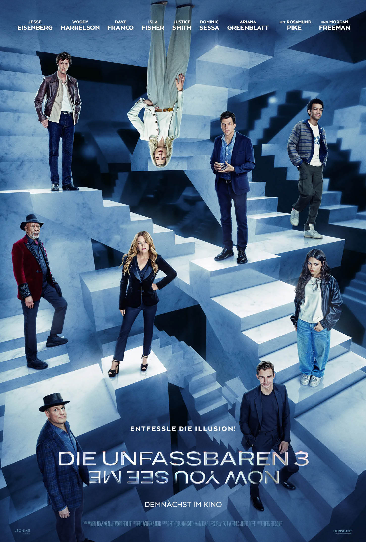 Filmplakat zu „Die Unfassbaren 3“ mit Ensemble-Cast auf surrealen Treppen und geometrischen Ebenen.