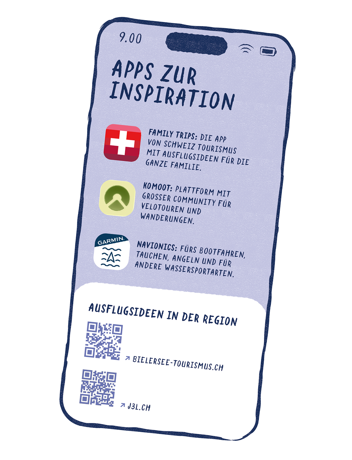 Grafik eines Smartphones mit App-Empfehlungen und QR-Codes für Ausflugsideen in der Region.