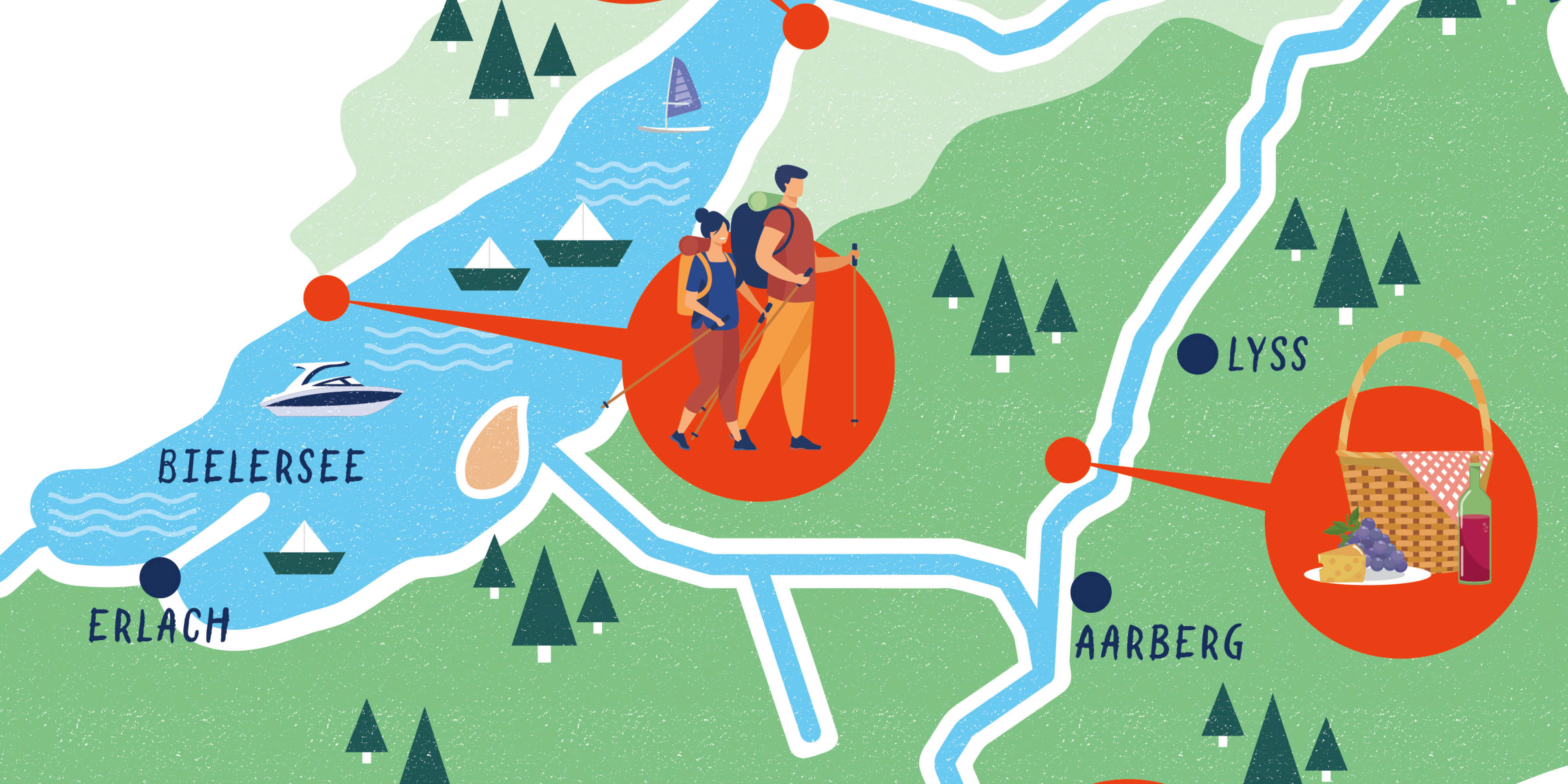 Kartenausschnitt des Seelands mit Wander- und Picknicktipps rund um den Bielersee.