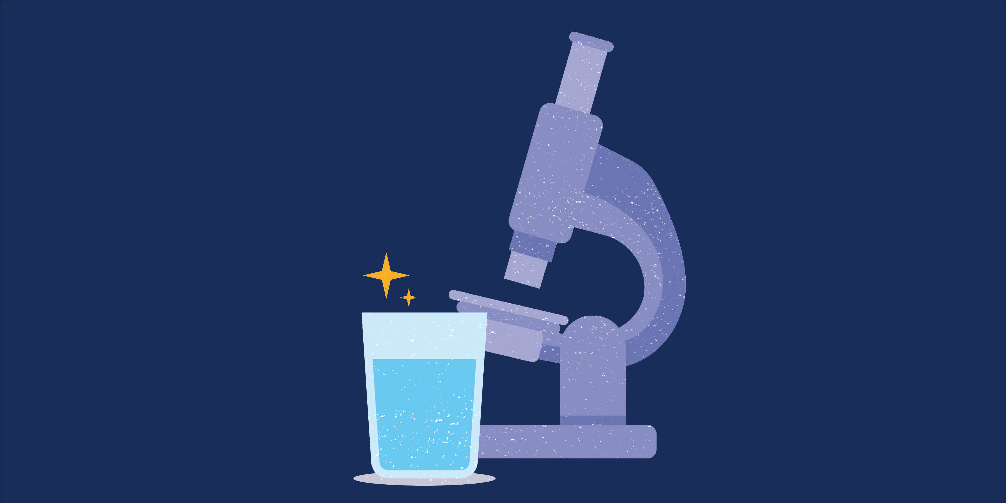 Illustration eines lila Mikroskops neben einem glänzenden Glas Wasser auf dunklem Hintergrund.