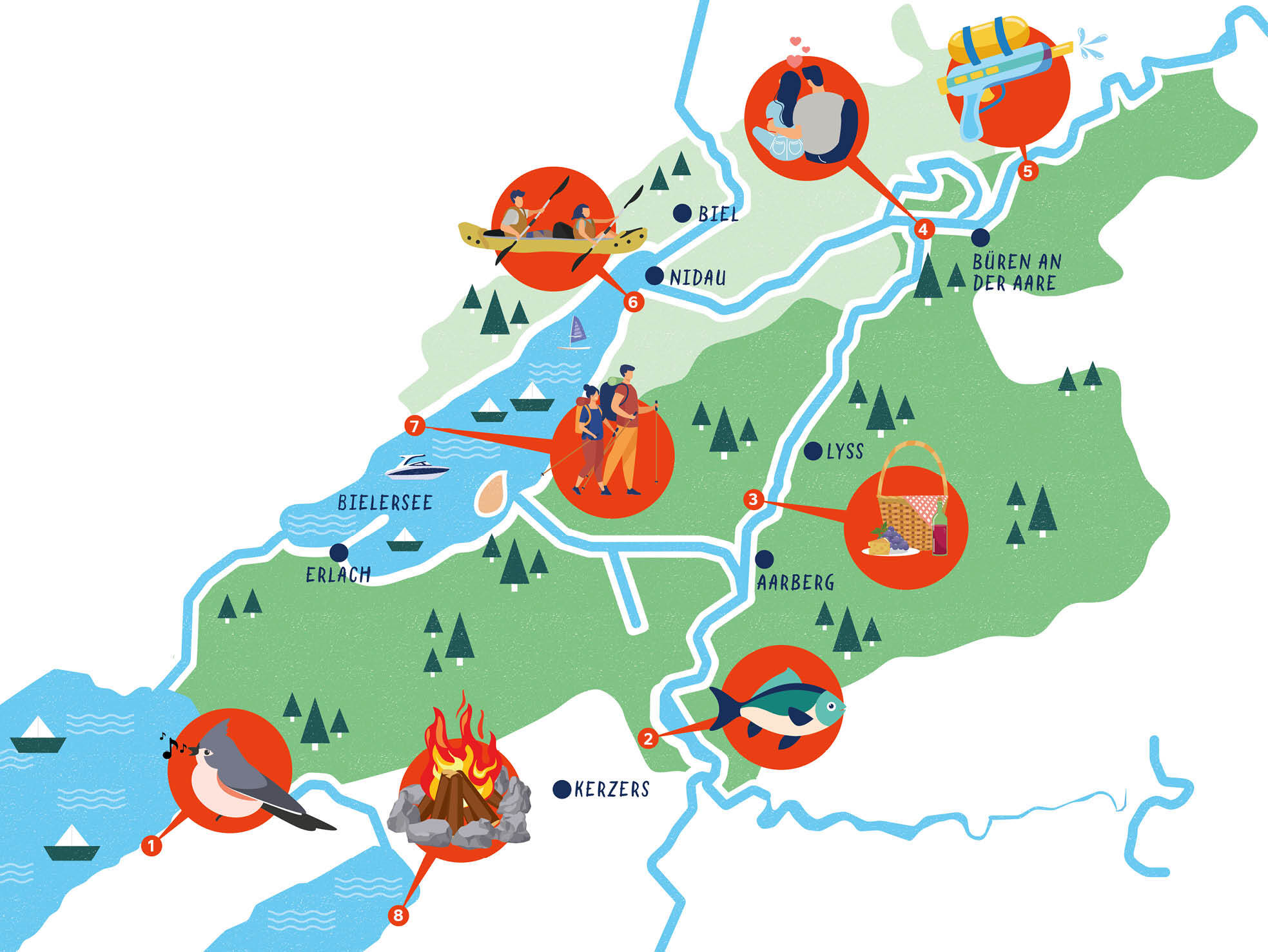 Illustrierte Karte des Seelands mit Ausflugsorten und Symbolen für Freizeitaktivitäten in der Region.