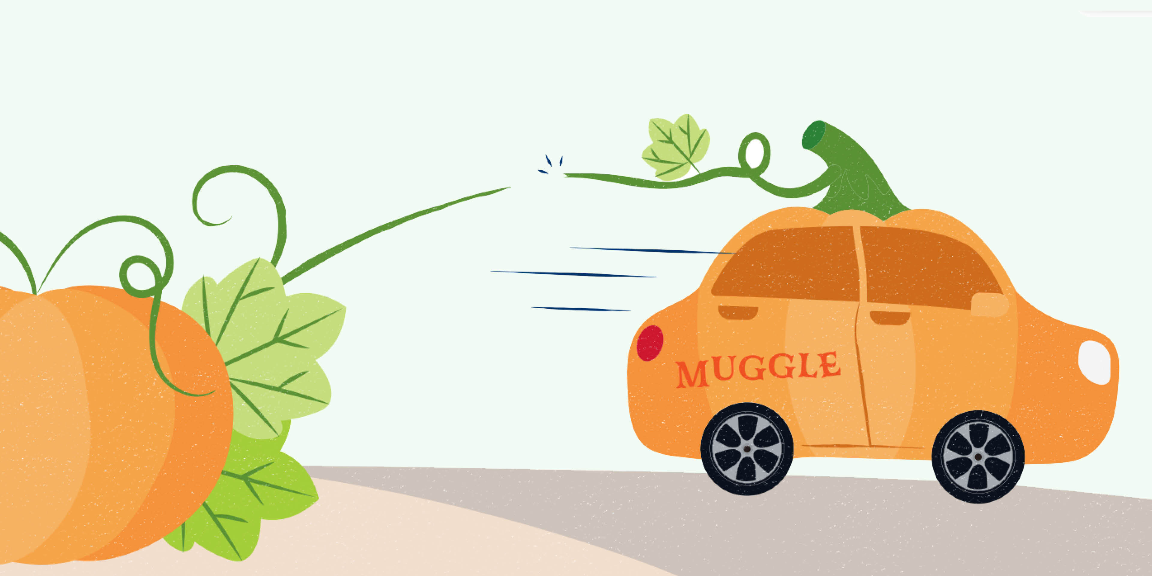 Illustration eines orangefarbenen Autos in Kürbisform mit der Aufschrift «MUGGLE».