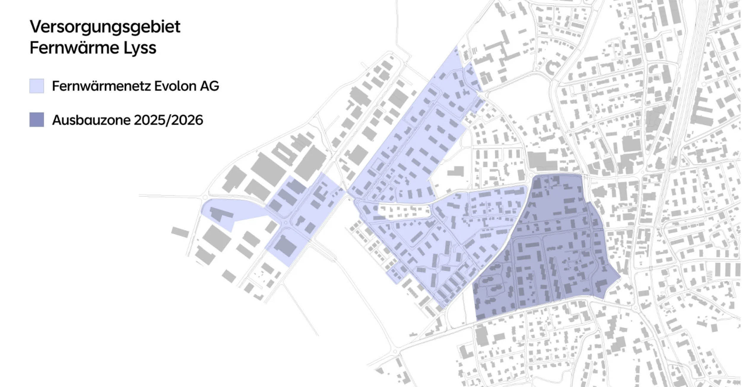 Karte des Versorgungsgebiets Fernwärme Lyss mit dem bestehenden Netz und der geplanten Ausbauzone 2025/2026.