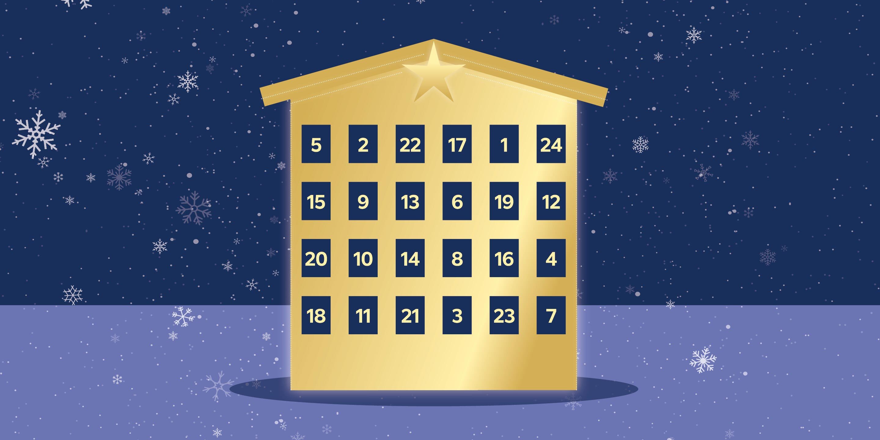 Evolon Adventskalender mit 24 Türchen auf blauem Hintergrund.