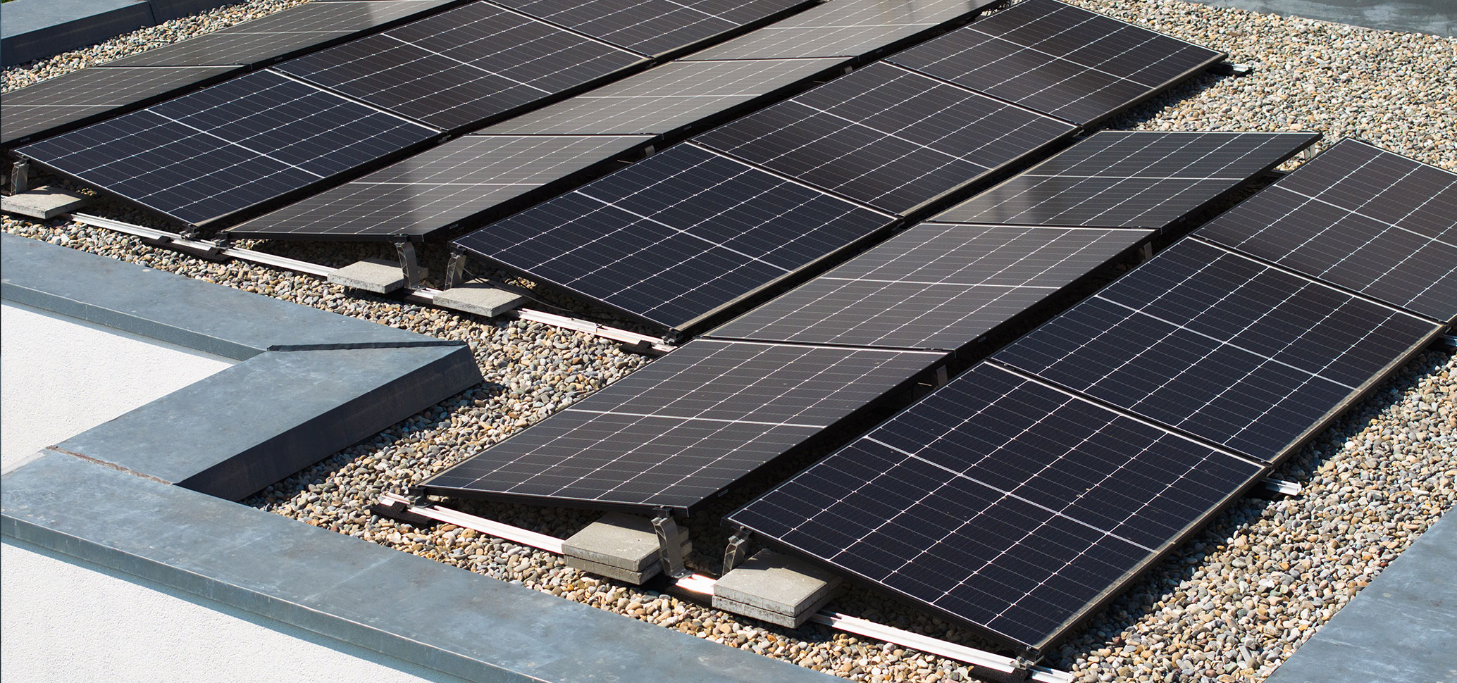 Solarmodule auf einem Flachdach bei Tageslicht.